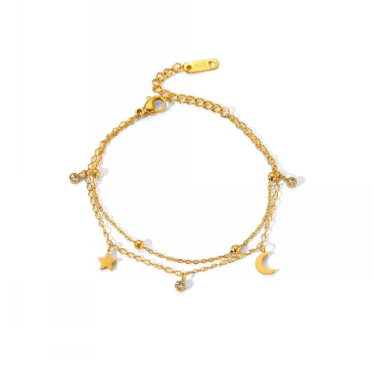 1pc Trendy Minimalist Star And Moon Hip Hop Golden Color Stainless Steel Adjustable Chain Necklace  For Daily Decoration, Gift For Family And Friends.