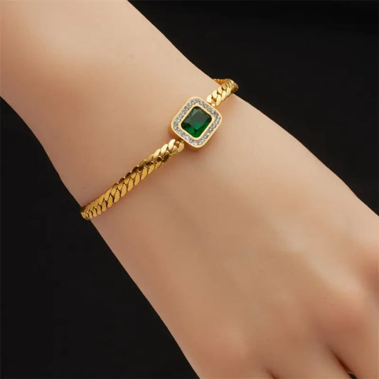 Stainless Steel Luxury Non-fading Square Green Crystal Zircon Chain Bracelet for Women Gifts